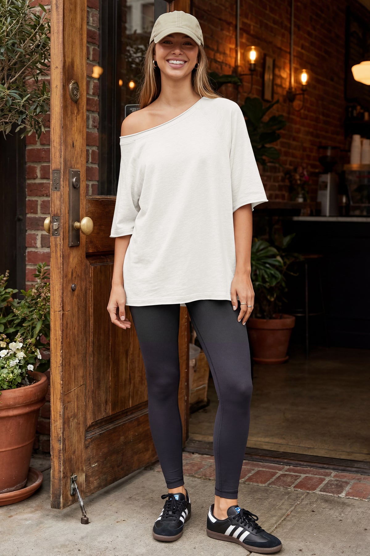 Fisoew Women's White Off The Shoulder Tops Oversized  T-Shirts - Fisoew