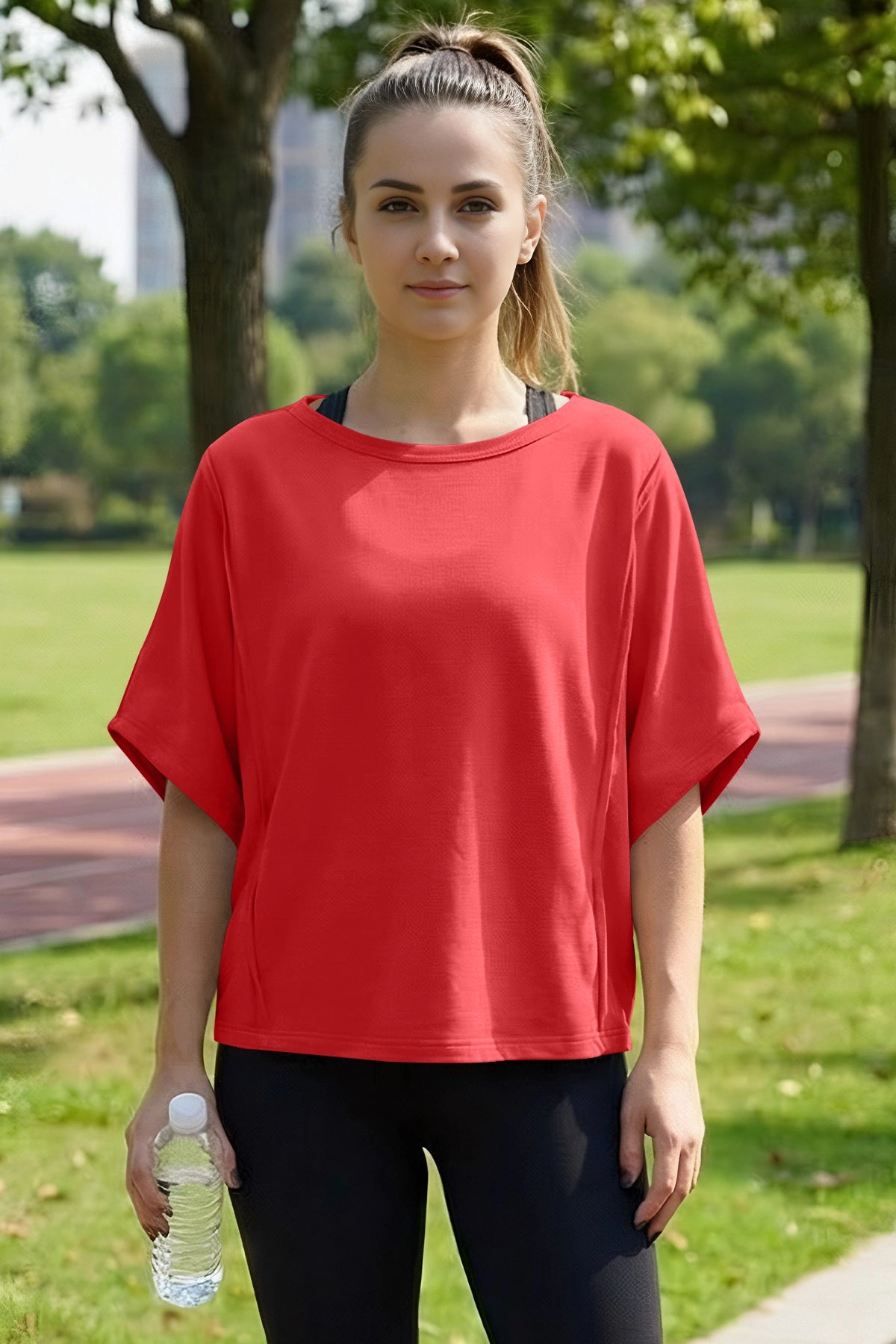 Fisoew Women's Red Oversized Crop Tops Summer T-Shirt - Fisoew