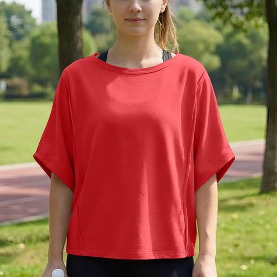Fisoew Women's Red Oversized Crop Tops Summer T-Shirt - Fisoew