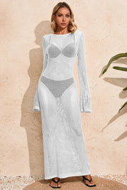 Fisoew Women's White Crochet  Long Sleeve Sexy Swimsuit Maxi Dress - Fisoew