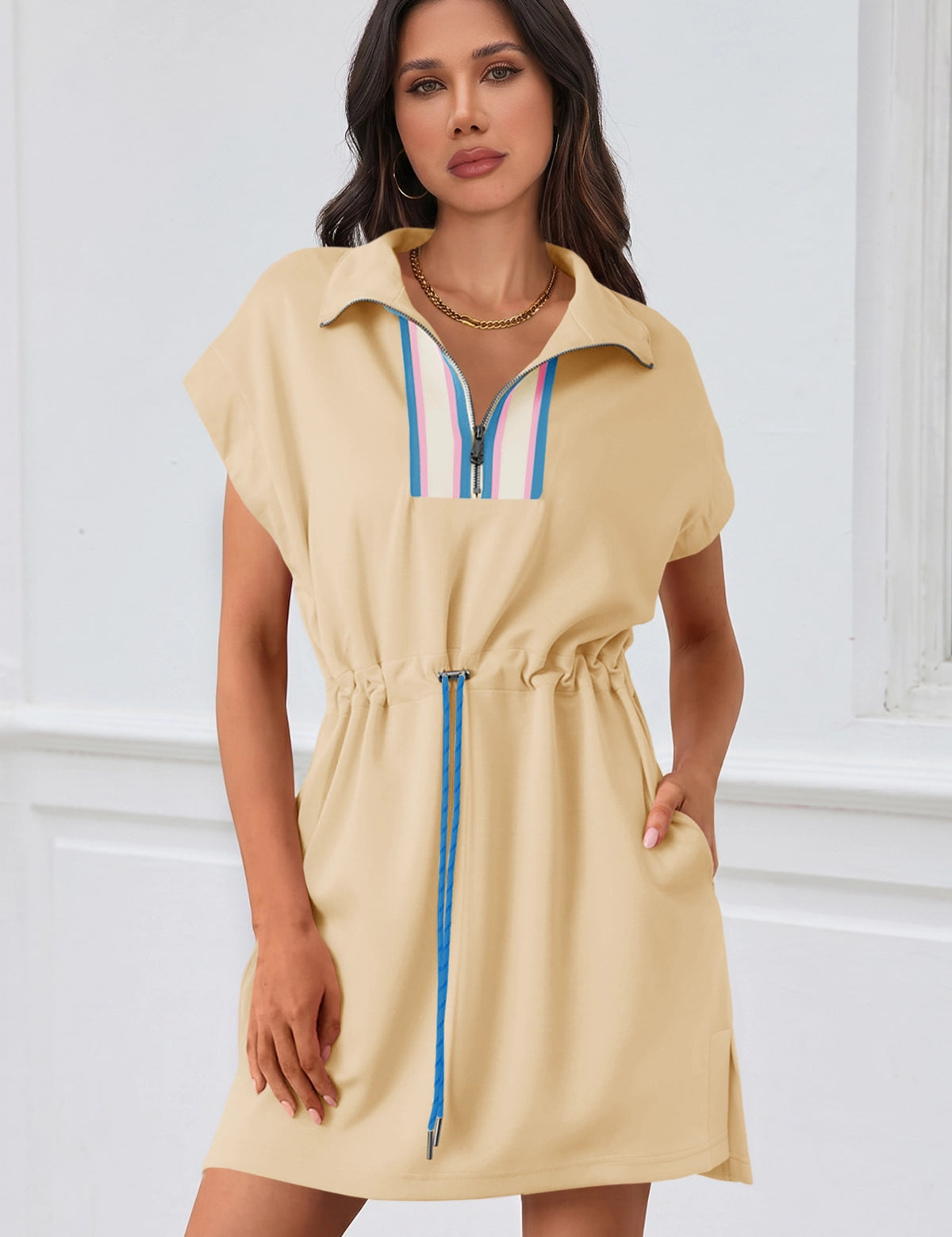 Fisoew Women's Beige Short Sleeve V Neck Casual Mini Dresses - Fisoew