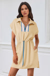 Fisoew Women's Beige Short Sleeve V Neck Casual Mini Dresses - Fisoew