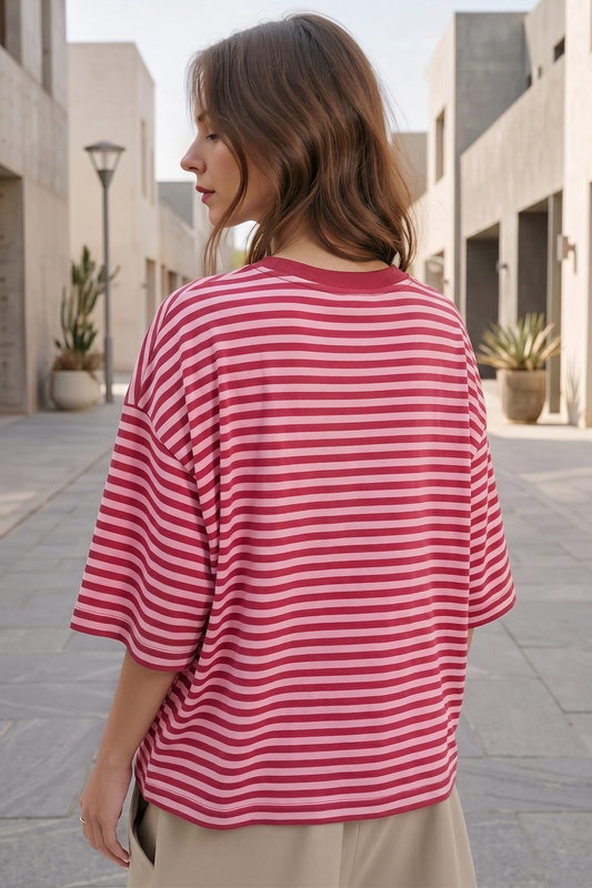 Round Neck Striped Short Sleeve Crop T-shirts - Fisoew