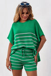 Fisoew Women's Green Striped Oversized Lounge Short Sets - Fisoew