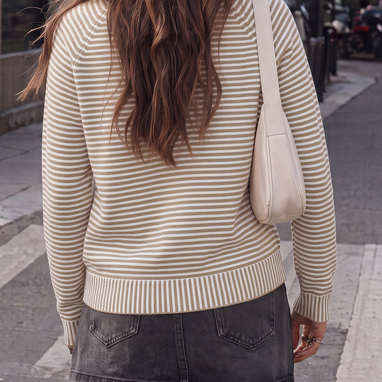 Striped Half-Zip Knit Crop Pullovers - Fisoew