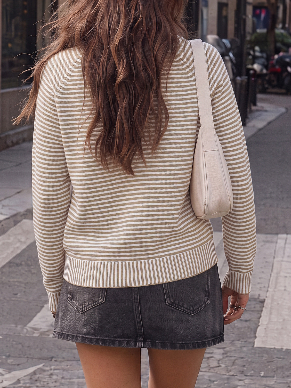 Striped Half-Zip Knit Crop Pullovers - Fisoew