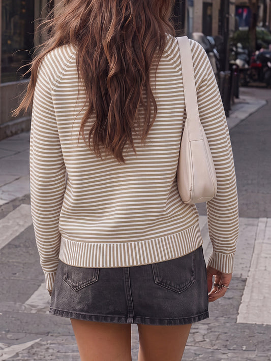 Striped Half-Zip Knit Crop Pullovers - Fisoew
