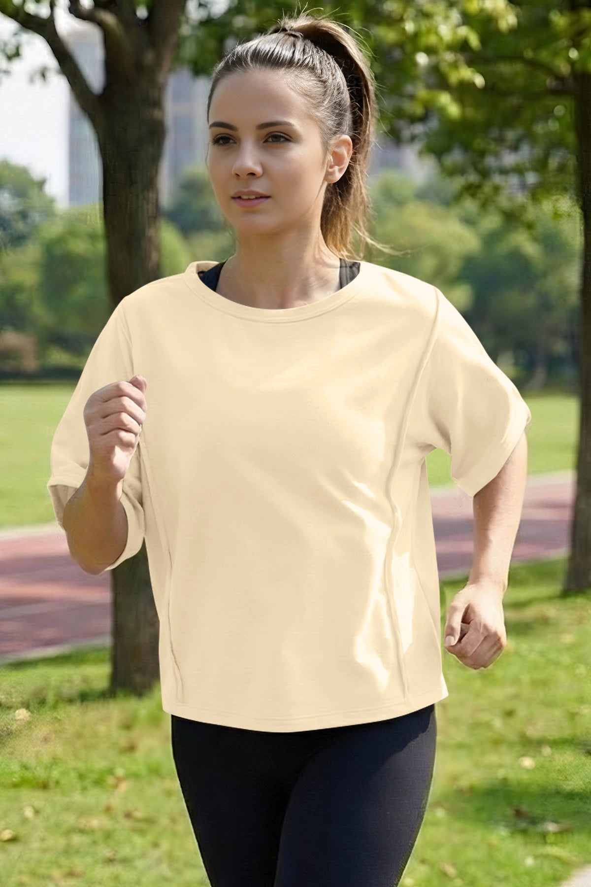 Fisoew Women's Beige Oversized Crop Tops Summer T-Shirt - Fisoew