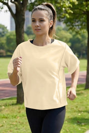 Fisoew Women's Beige Oversized Crop Tops Summer T-Shirt - Fisoew