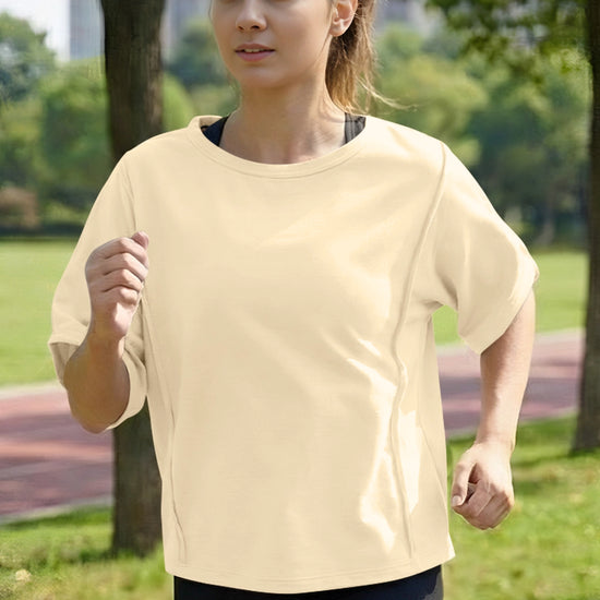 Fisoew Women's Beige Oversized Crop Tops Summer T-Shirt - Fisoew