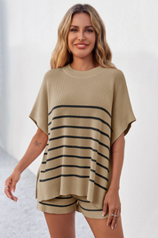 Fisoew Women's Khaki Striped Oversized Lounge Short Sets - Fisoew