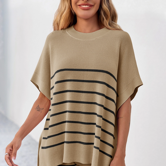 Fisoew Women's Khaki Striped Oversized Lounge Short Sets - Fisoew