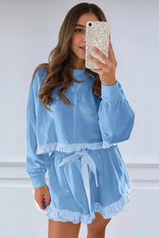 Women's Blue Color Block 2 Piece Lounge Sets Fisoew
