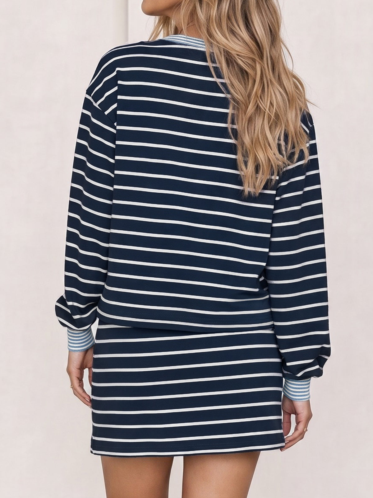 Striped Long Sleeve Crop Tops With Skort Sets - Fisoew
