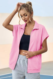 Fisoew Women's Pink Zip Up Sleeveless Sweatshirts - Fisoew