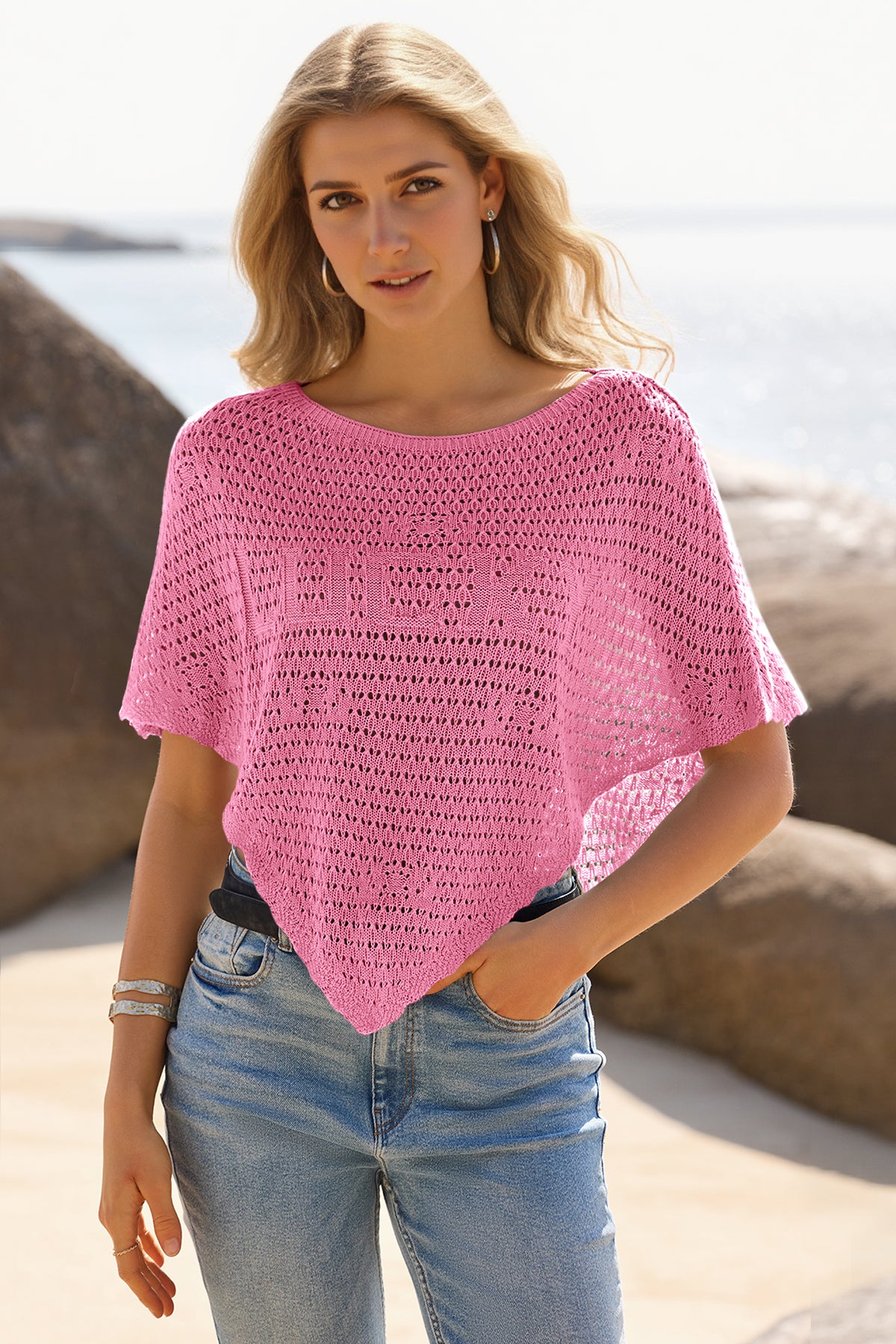 Fisoew Women's Pink Sheer Shawl Boho Crochet Cover Ups - Fisoew