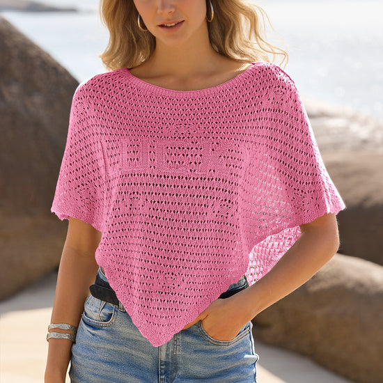 Fisoew Women's Pink Sheer Shawl Boho Crochet Cover Ups - Fisoew