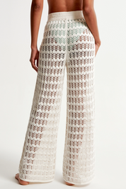 Fisoew Women‘s White Crochet Sheer Mesh Cover Up Pants - Fisoew
