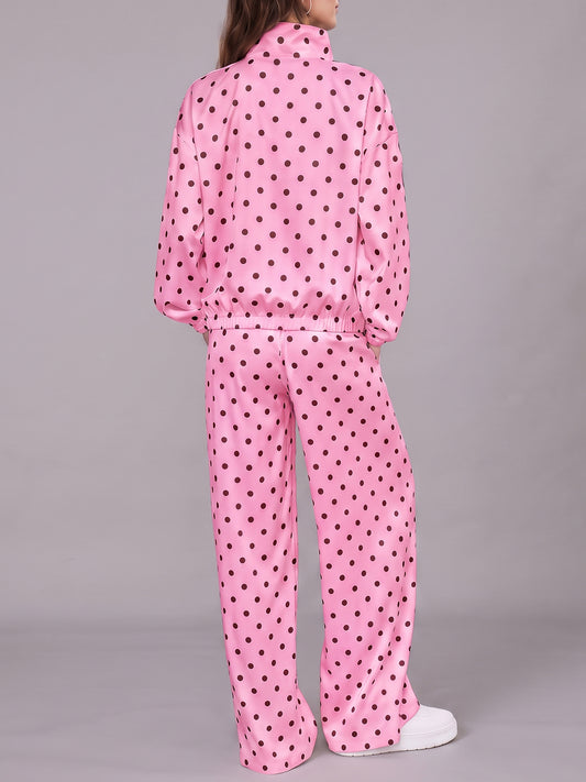 Polka Dot Zip Up Sweatshirt With Wide Leg Pants Sets