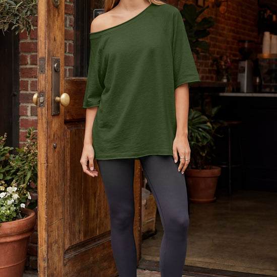 Fisoew Women's Army Green Off The Shoulder Tops Oversized  T-Shirts - Fisoew