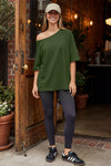Fisoew Women's Army Green Off The Shoulder Tops Oversized  T-Shirts - Fisoew