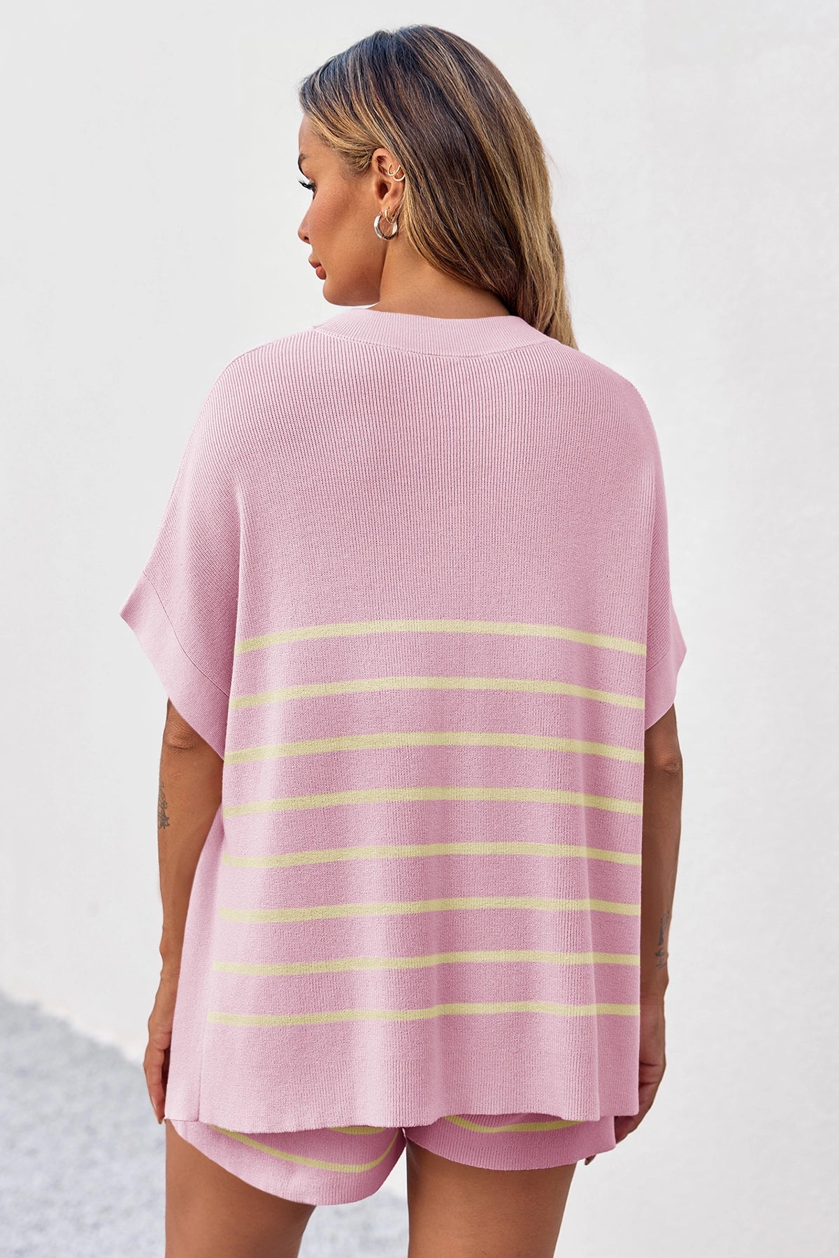 Fisoew Women's Pink Striped Oversized Lounge Short Sets - Fisoew