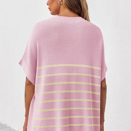 Fisoew Women's Pink Striped Oversized Lounge Short Sets - Fisoew