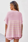 Fisoew Women's Pink Striped Oversized Lounge Short Sets - Fisoew