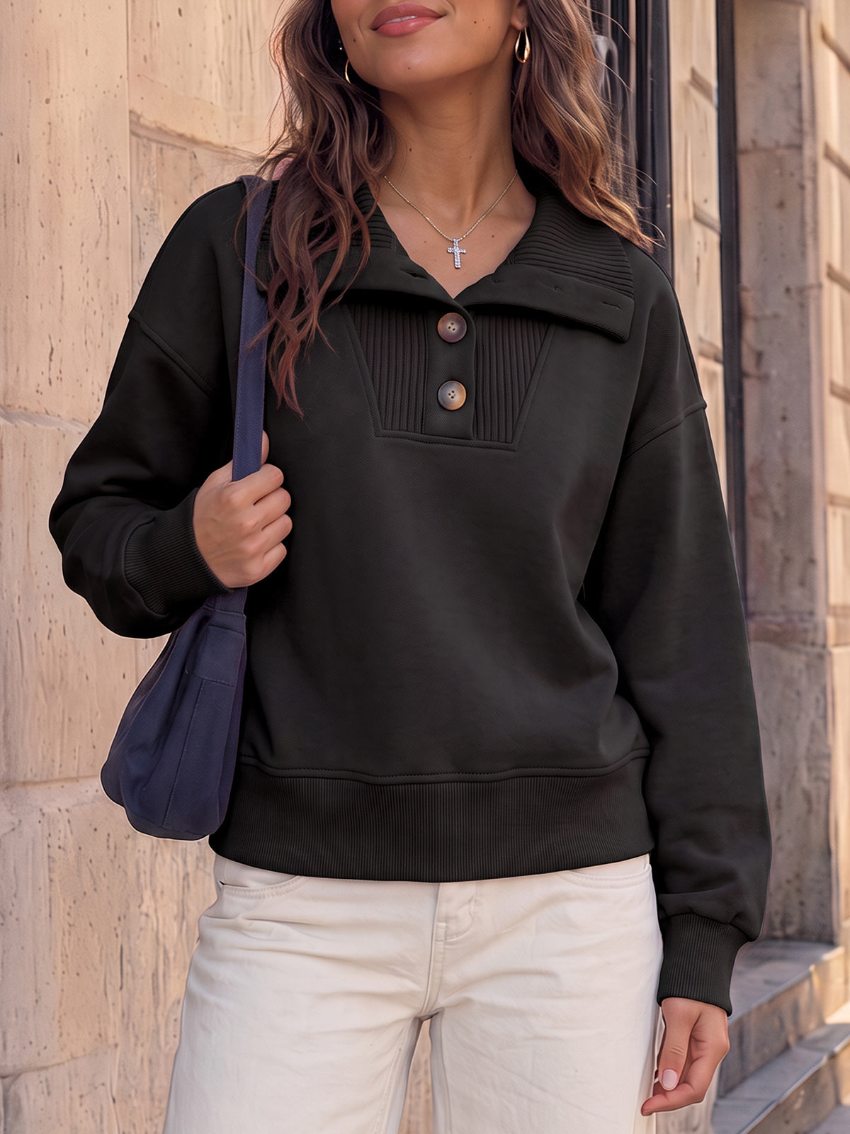 Lapel V Neck Pullover - Fisoew