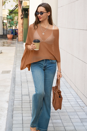 Fisoew Women's Camel Sheer Lightweight Knit  Poncho Top