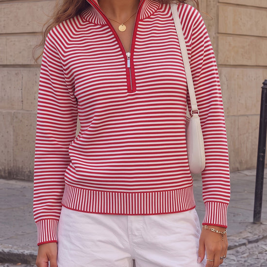 Striped Half-Zip Knit Crop Pullovers - Fisoew