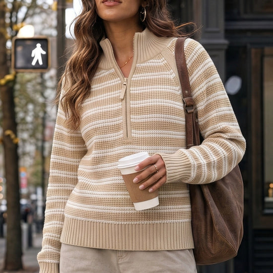 Half Zip Striped Pullover Ribbed Knit Tops - Fisoew