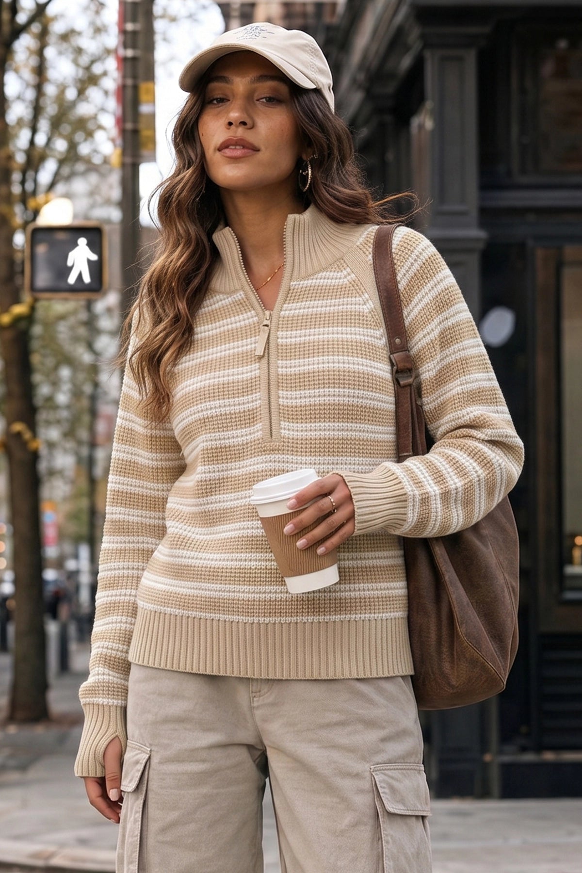 Half Zip Striped Pullover Ribbed Knit Tops - Fisoew