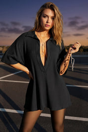 Fisoew Women's Black Oversized Deep V Neck Sweatshirts