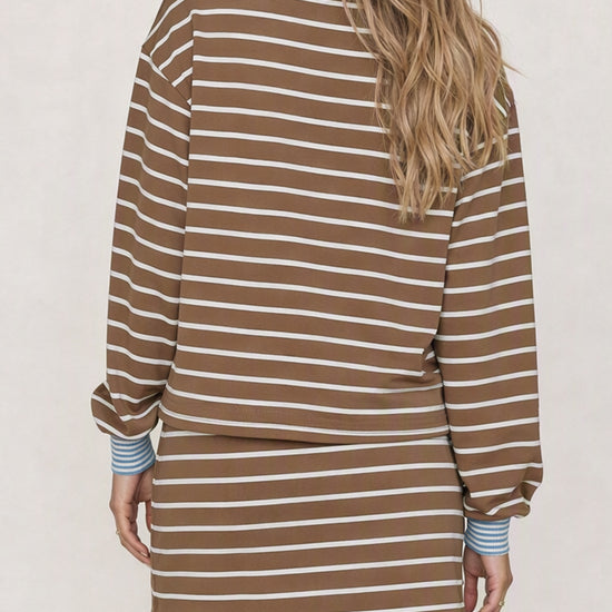 Striped Long Sleeve Crop Tops With Skort Sets - Fisoew
