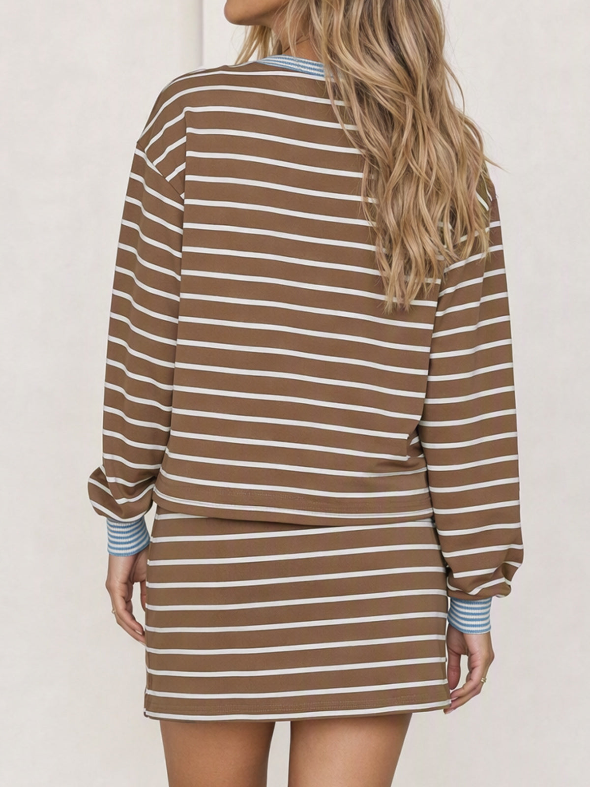 Striped Long Sleeve Crop Tops With Skort Sets - Fisoew