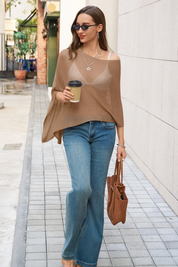 Fisoew Women's Khaki Sheer Lightweight Knit  Poncho Top - Fisoew