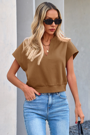 Fisoew Women's Brown V Neck Cap Sleeve Casual Loose Fit T Shirts - Fisoew