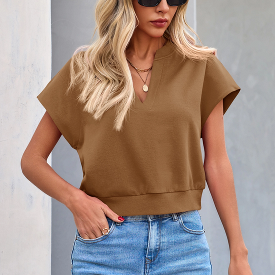 Fisoew Women's Brown V Neck Cap Sleeve Casual Loose Fit T Shirts - Fisoew
