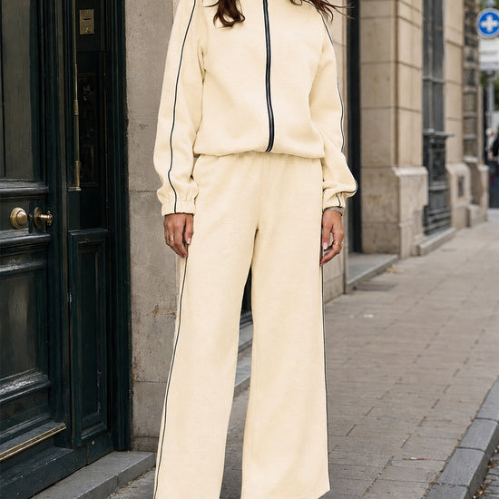 Zip-Up Jacket With Wide-Leg Tracksuit Sets - Fisoew