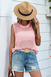Fisoew Women's Pink Scoop Neck Crochet Boho Cover Ups - Fisoew