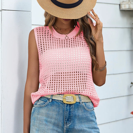 Fisoew Women's Pink Scoop Neck Crochet Boho Cover Ups - Fisoew