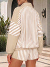 Striped Half-Zip Long Sleeve Tops With Short Sets