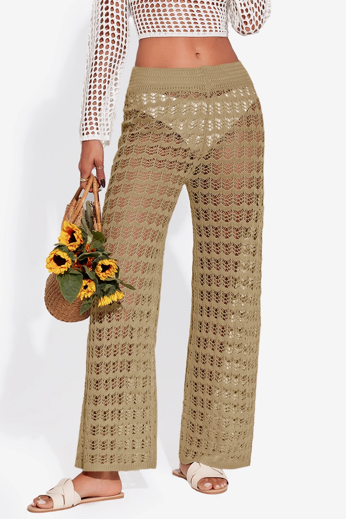 Fisoew Women‘s Khaki Crochet Sheer Mesh Cover Up Pants - Fisoew