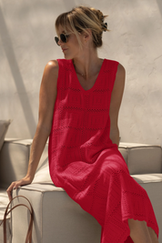 Fisoew Women's Red Boho Knit Sleeveless Dress - Fisoew