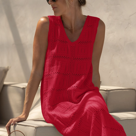 Fisoew Women's Red Boho Knit Sleeveless Dress - Fisoew