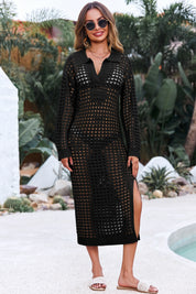 Fisoew Women's Black Collared Long Sleeve Mesh Knit Maxi Dress - Fisoew