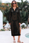 Fisoew Women's Black Collared Long Sleeve Mesh Knit Maxi Dress - Fisoew