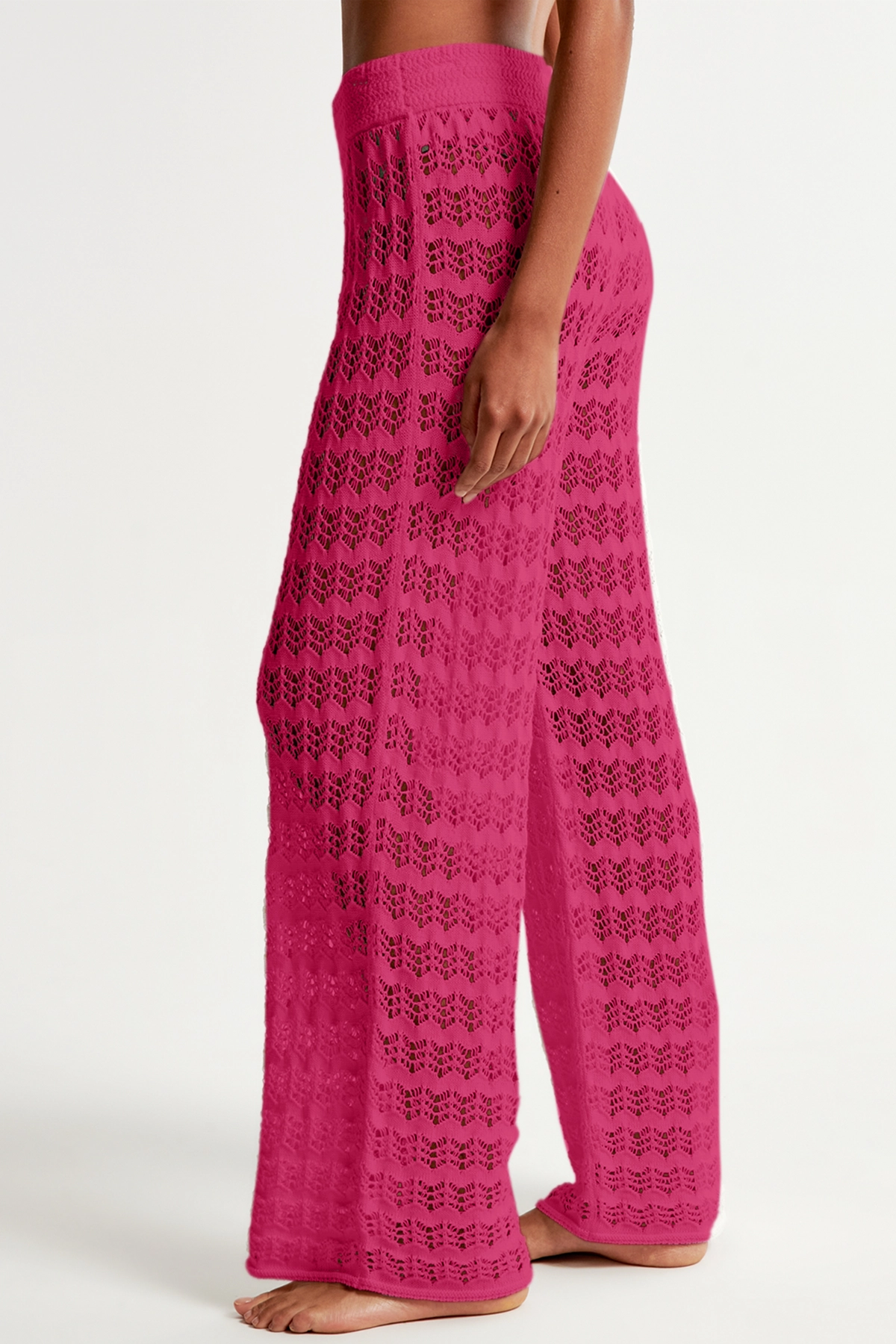 Fisoew Women‘s Rose Red Crochet Sheer Mesh Cover Up Pants - Fisoew