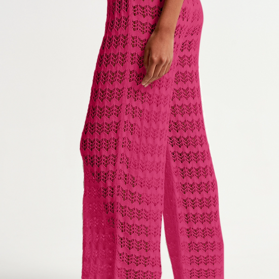 Fisoew Women‘s Rose Red Crochet Sheer Mesh Cover Up Pants - Fisoew